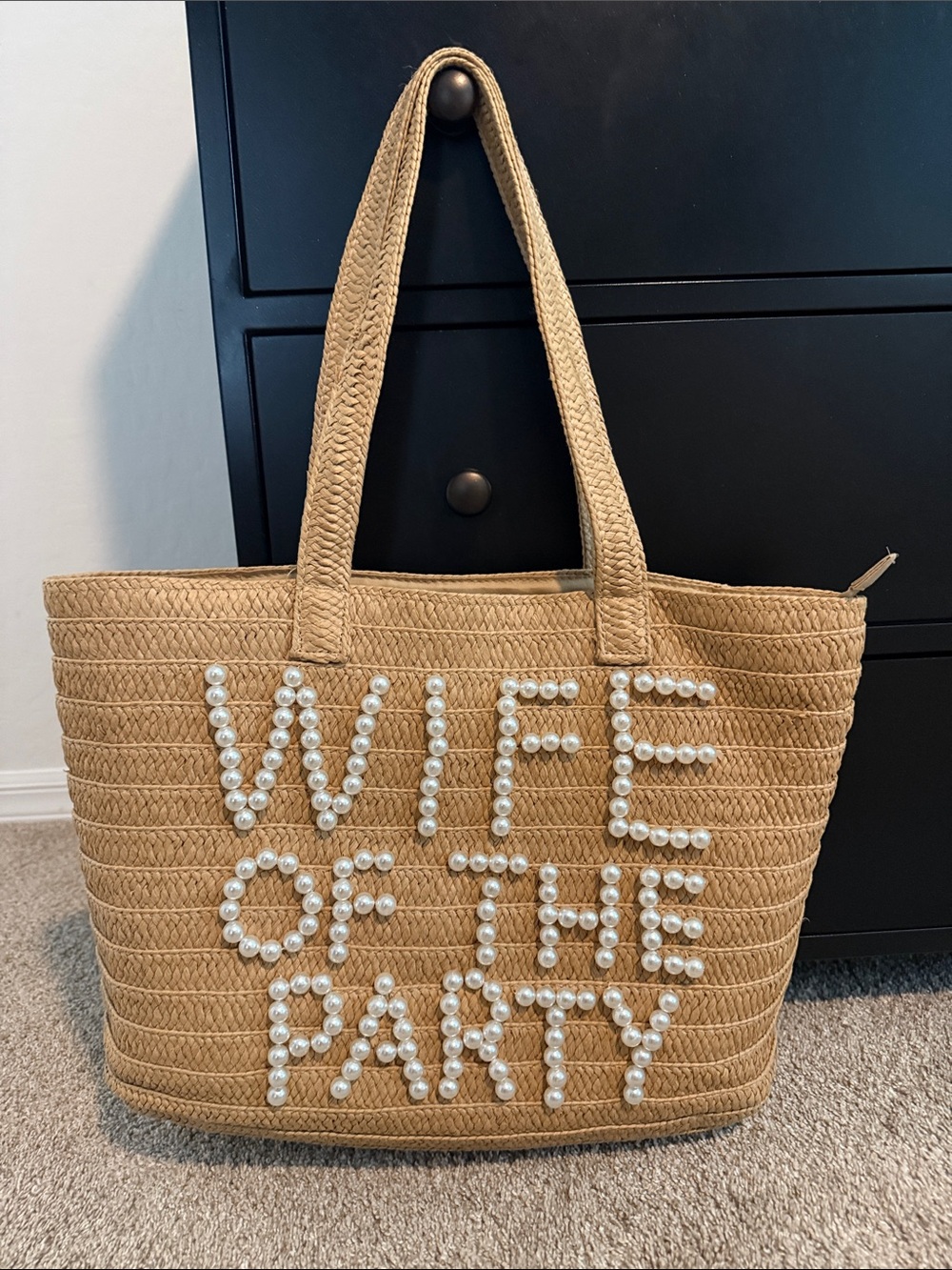 Straw Tote Bag with 'Wife of the Party' Pearl Detail - Tan